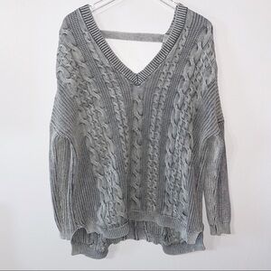 By Together Rib Slouchy V Neck Cable Knit Cotton Grey Sweater